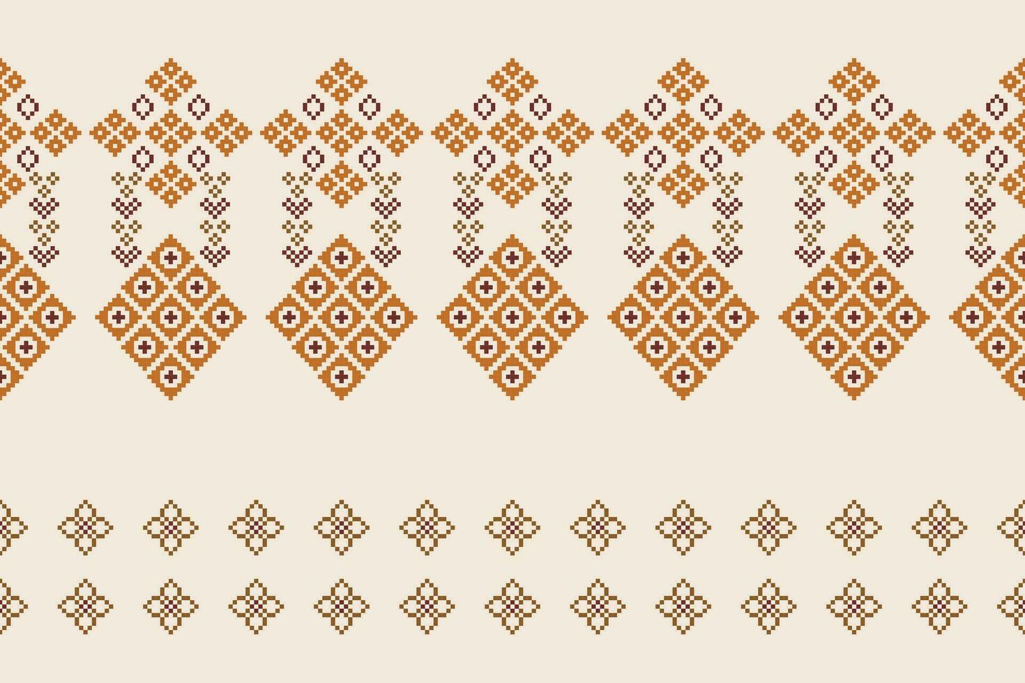 Ethnic geometric fabric pattern Cross Stitch.Ikat embroidery Ethnic oriental Pixel pattern brown cream background. Abstract,vector,illustration. Texture,clothing,frame,motifs,silk wallpaper. vector