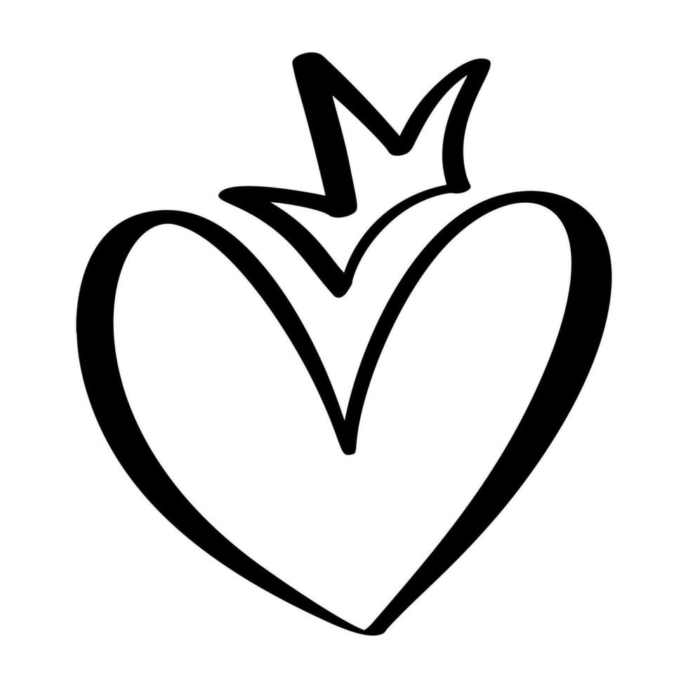 Love Vector black Heart shape frame with crown brush icon. doodle Hand drawn valentine day logo. Decor for greeting card, wedding, mug, photo overlays, t-shirt print, poster design