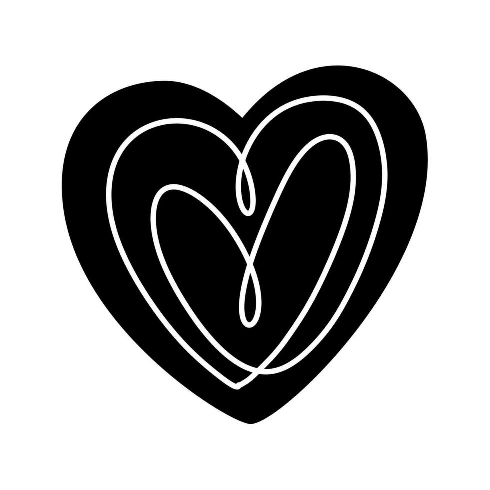 Hand drawn black heart love with white lines. Vector valentine logo icon illustration. Decor for greeting card, wedding, mug, photo overlays, t-shirt print, flyer, poster design