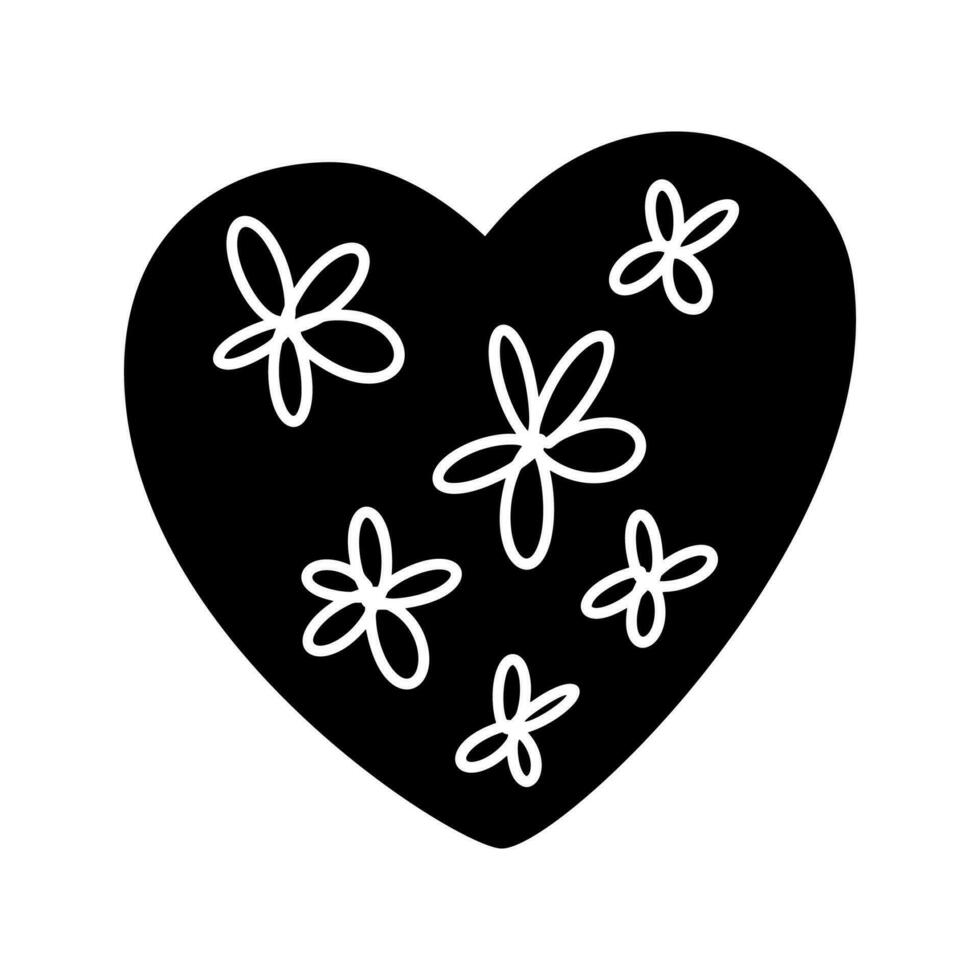Hand drawn black heart love with white flowers. Vector valentine shape logo icon illustration. Decor for greeting card, wedding, mug, photo overlays, t-shirt print, flyer, poster design