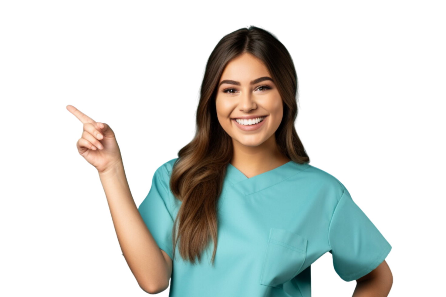 ai genererad ung sjuksköterska kvinna isolerat leende och pekande på transparent bakgrund. png
