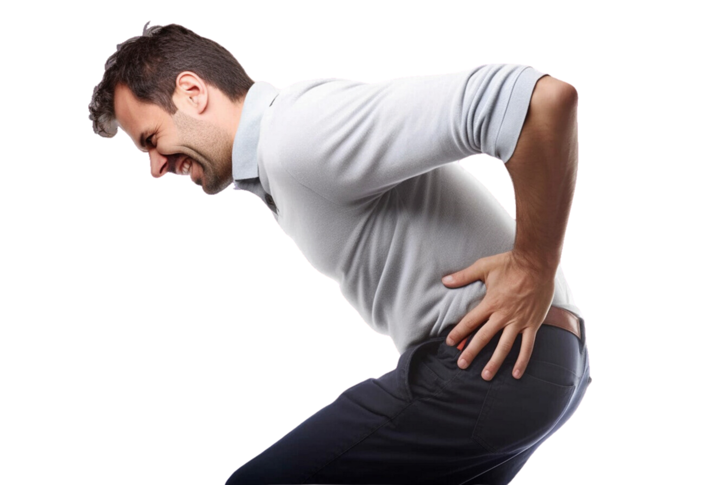 AI generated A man suffering from a lower back pain, cut out on transparent background. png