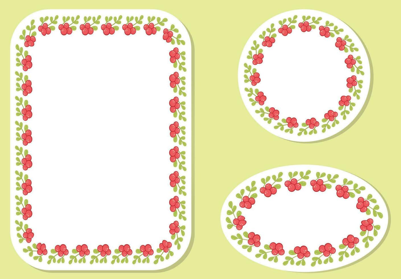 Set of 3 Decorative Wreaths with Branches, Berries, and Leaves. Vector Illustration. Frames, Circles, Square, and Oval.