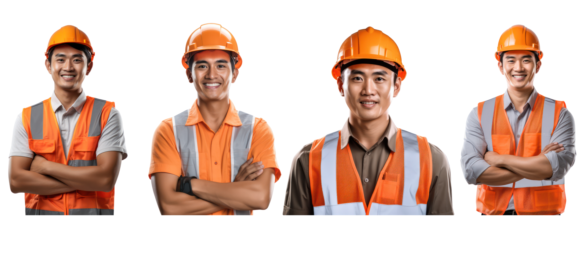 AI generated Asian Team construction worker in helmet and orange vest, smiling, isolated on white transparent background. png