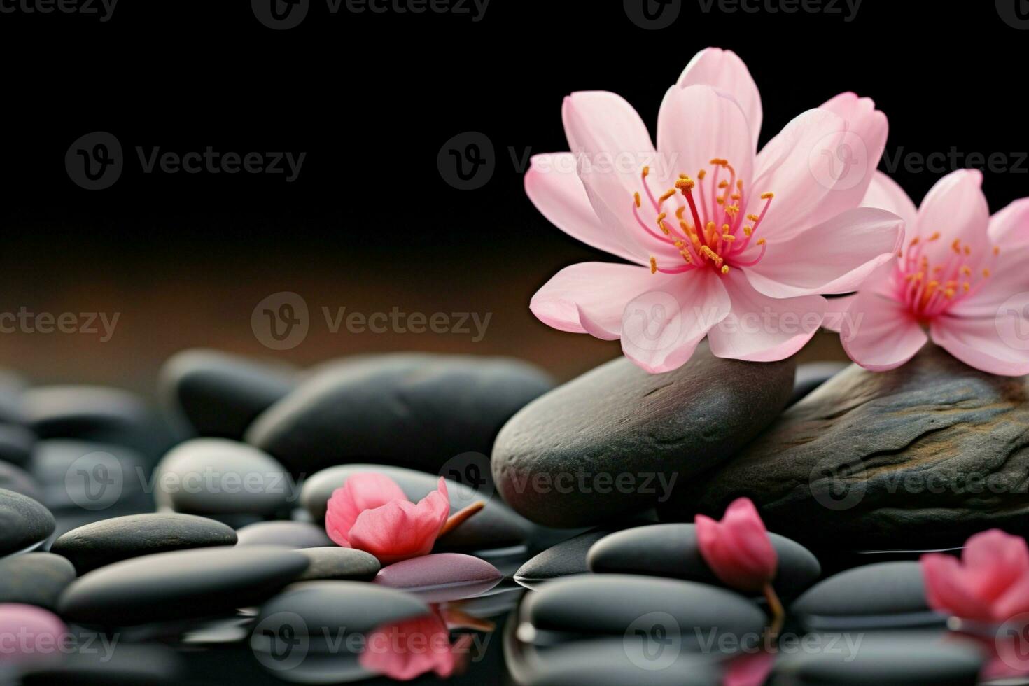 AI generated Harmonious scene Zen stone paired with a delicate pink flower photo