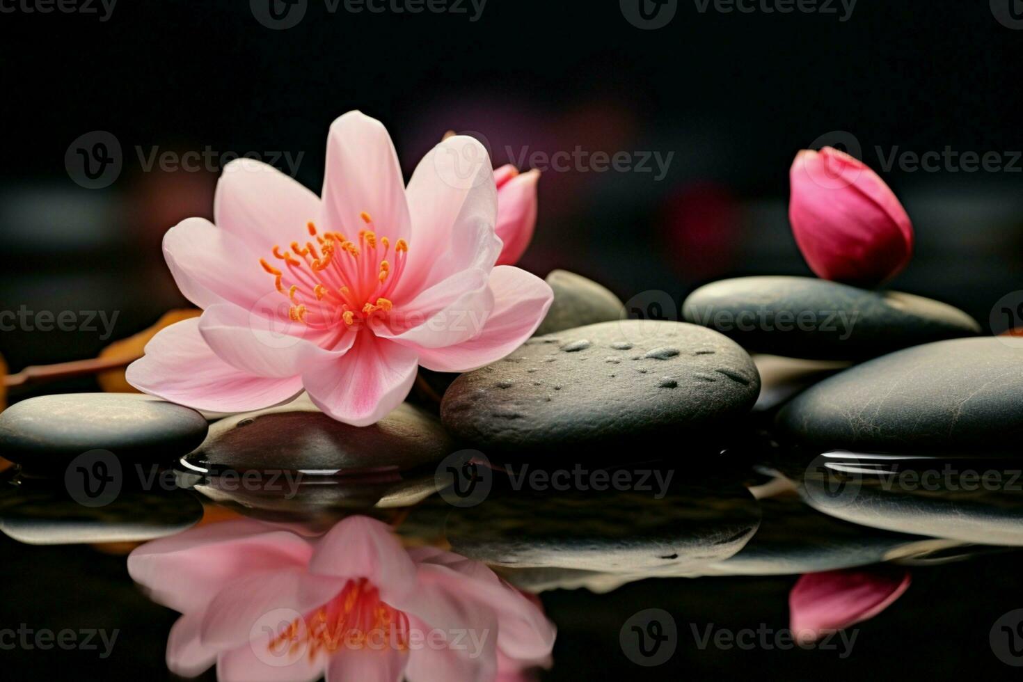 AI generated Harmonious scene Zen stone paired with a delicate pink flower photo