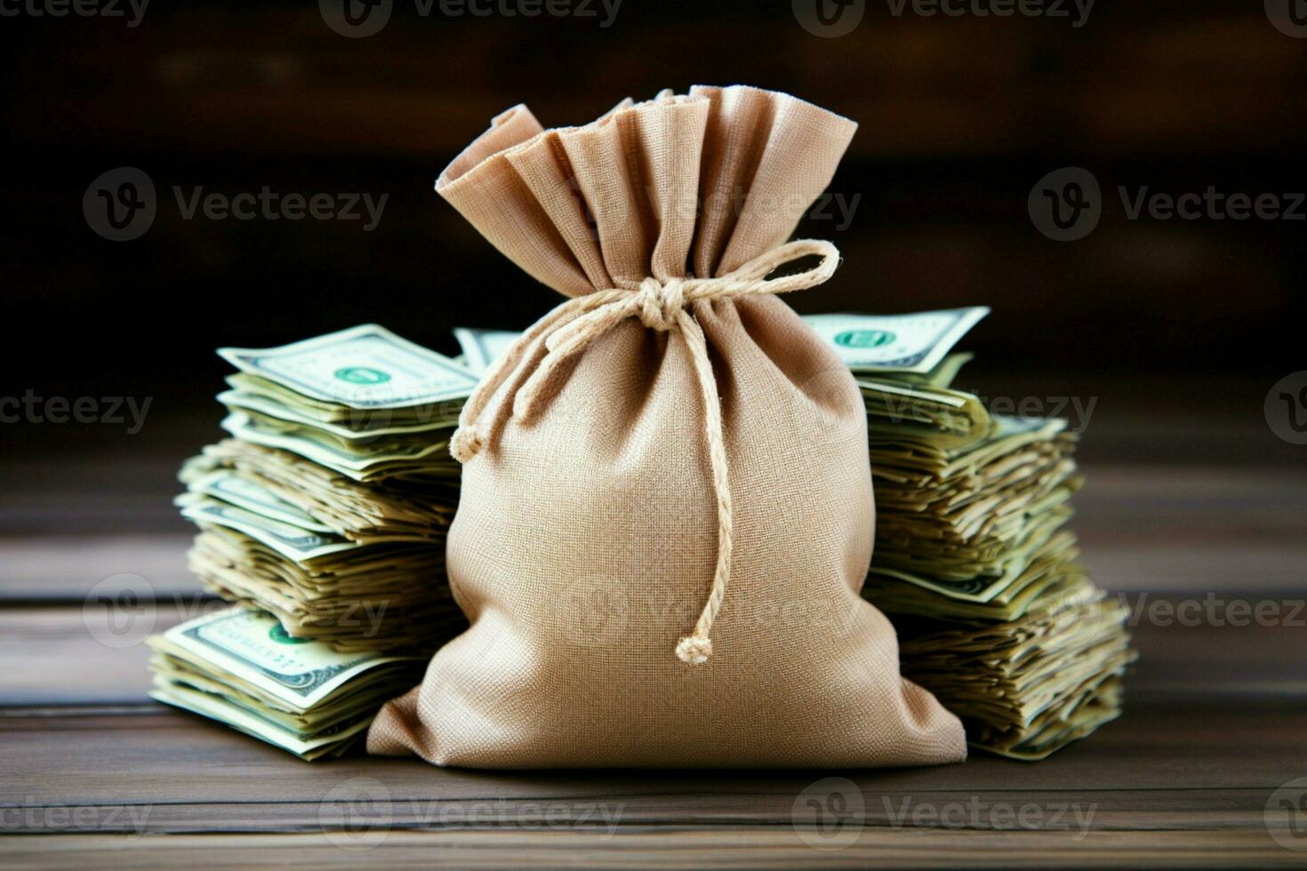 AI generated Financial element money in a burlap sack on wooden background photo