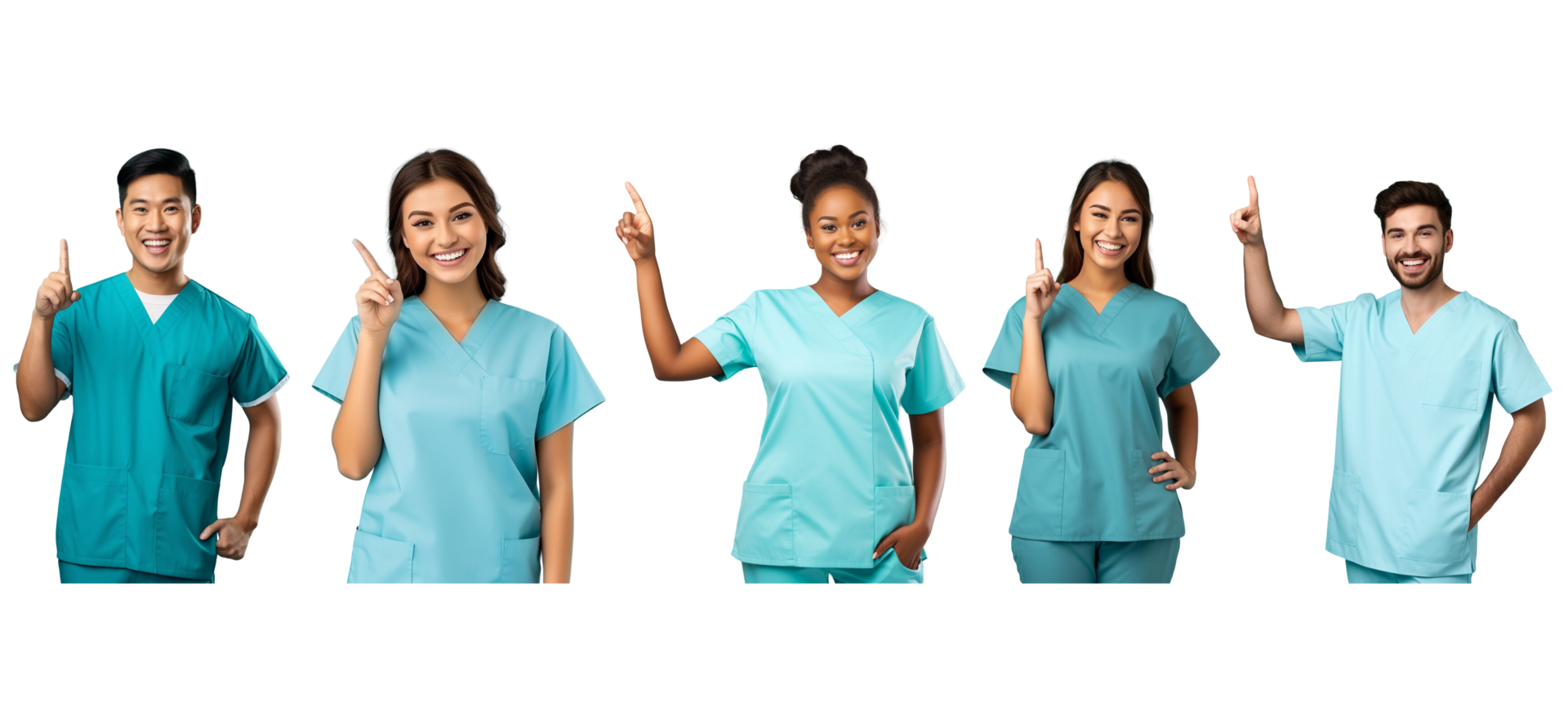 AI generated Different male, female medic workers in uniform scrub, lab coat, gown ,smiling and pointing on transparent background. png