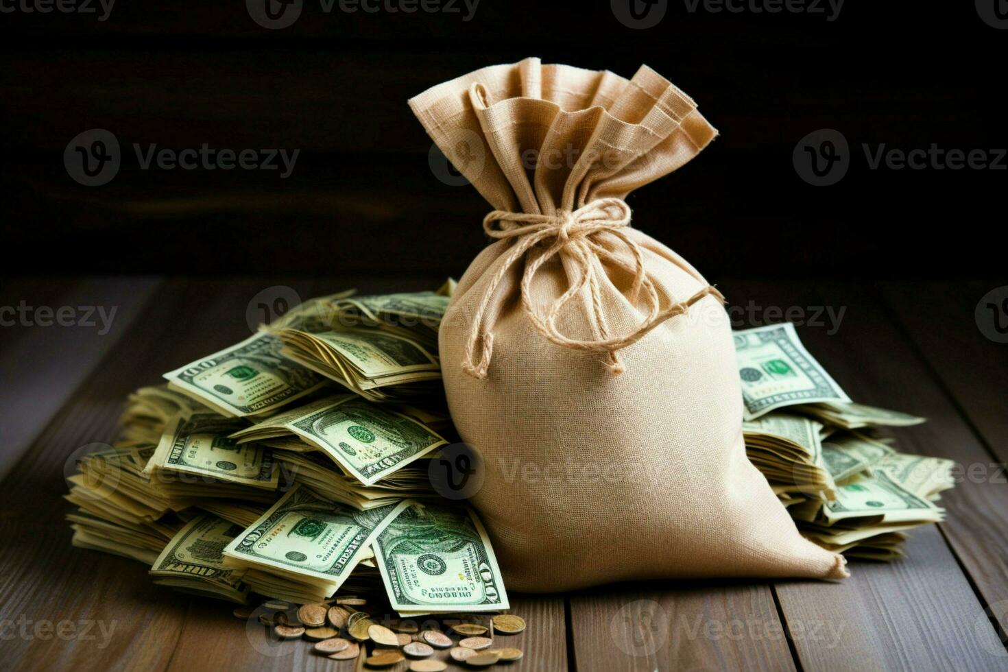 AI generated Money in burlap sack adds a rich financial texture photo