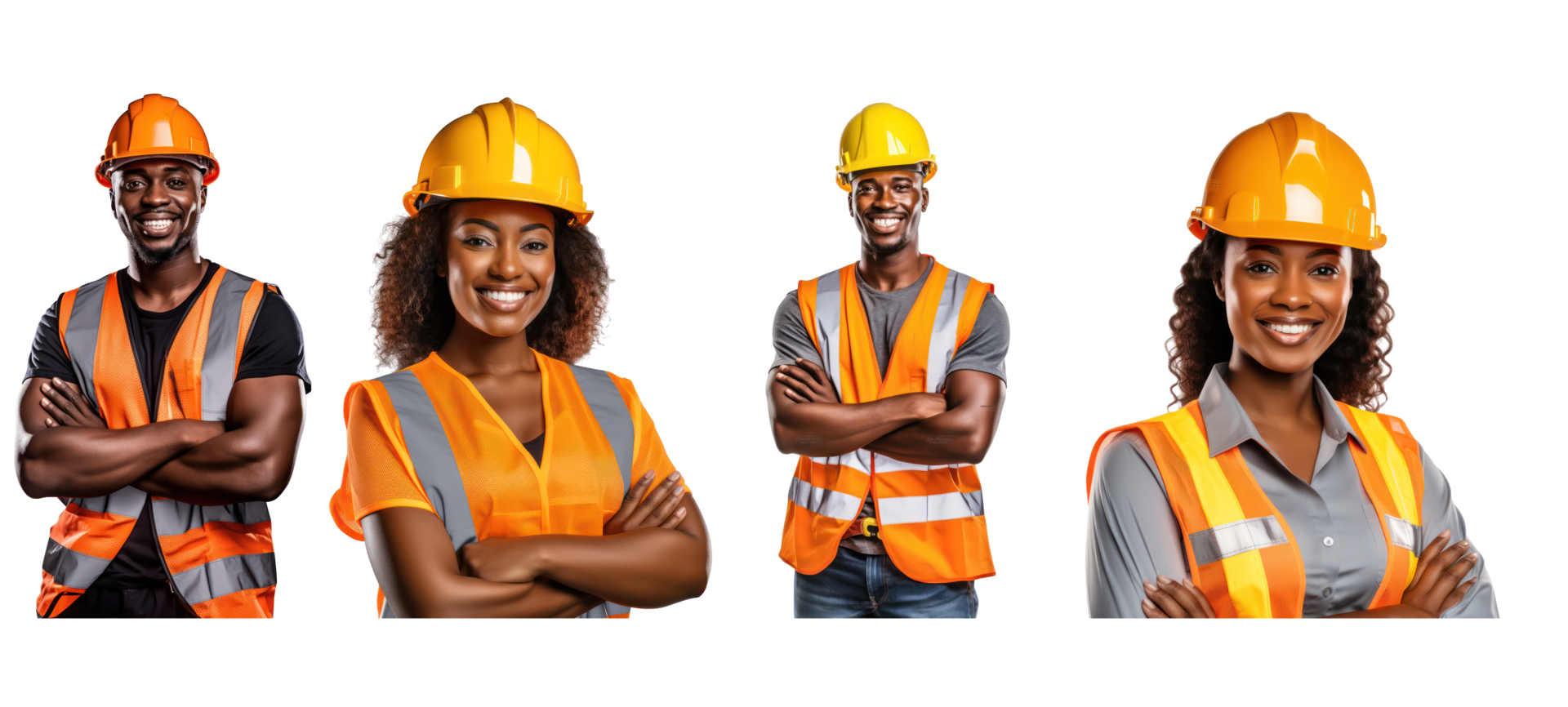 AI generated Team black engineer in helmet and orange vest, smiling, isolated on white transparent background. png