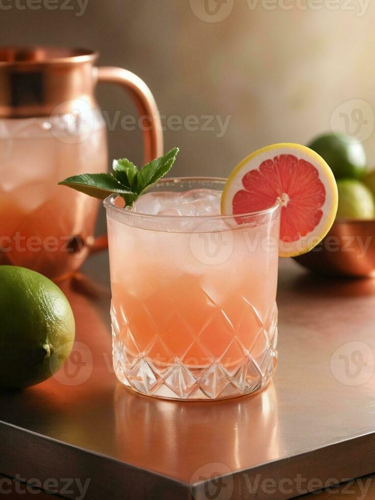 ai generado un vibrante cóctel con infusión de pomelo vodka, jengibre cerveza, y un exprimir de Fresco Lima jugo. ai generativo foto