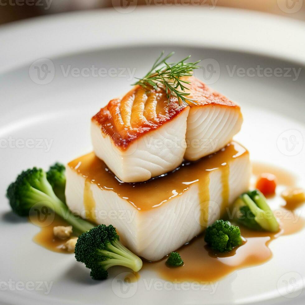 AI generated main course sous vide miso glazed cod with nitrogen frozen vegetable clouds. ai generative photo