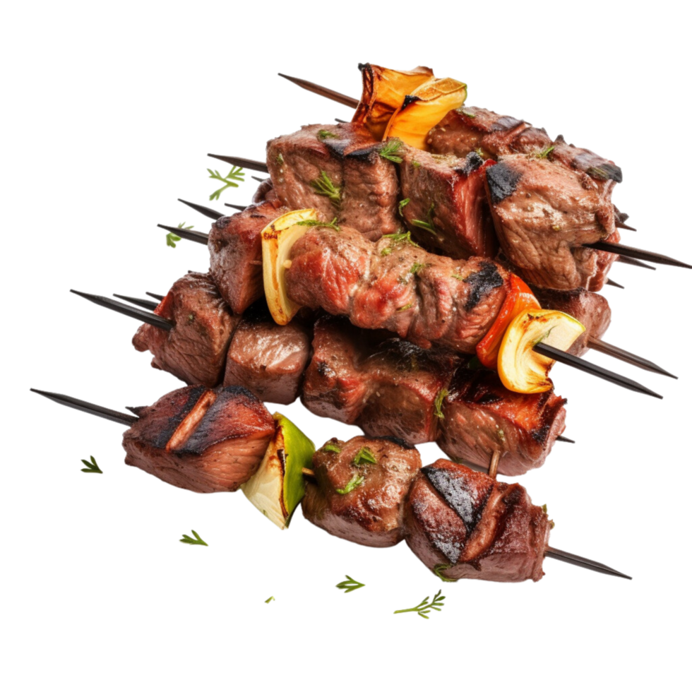 ai generiert gegrillt Fleisch Spieße, Schaschlik Kebab auf ein transparent Hintergrund. png