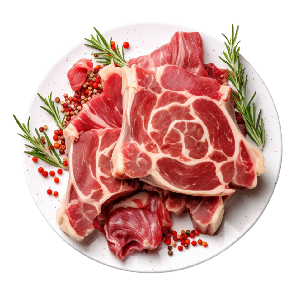 AI generated Raw goat shoulder meat on a plate on a transparent background. png