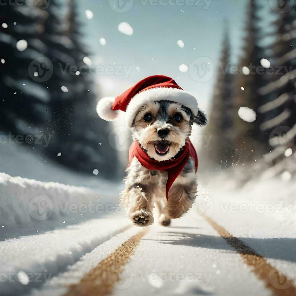 ai generado ilustración, linda pequeño perro vistiendo un Papa Noel claus sombrero corriendo en un Nevado la carretera. ai generativo foto