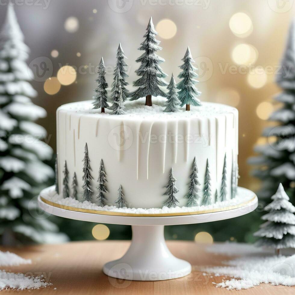 ai generado un blanco fondant cubierto pastel con minimalista nieve cubierto pino arboles como un pastel sombrero de copa. ai generativo foto