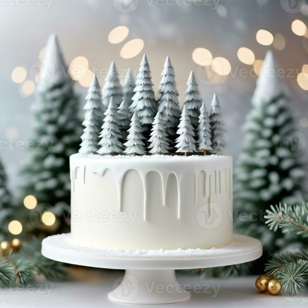 ai generado un blanco fondant cubierto pastel con minimalista nieve cubierto pino arboles como un pastel sombrero de copa. ai generativo foto