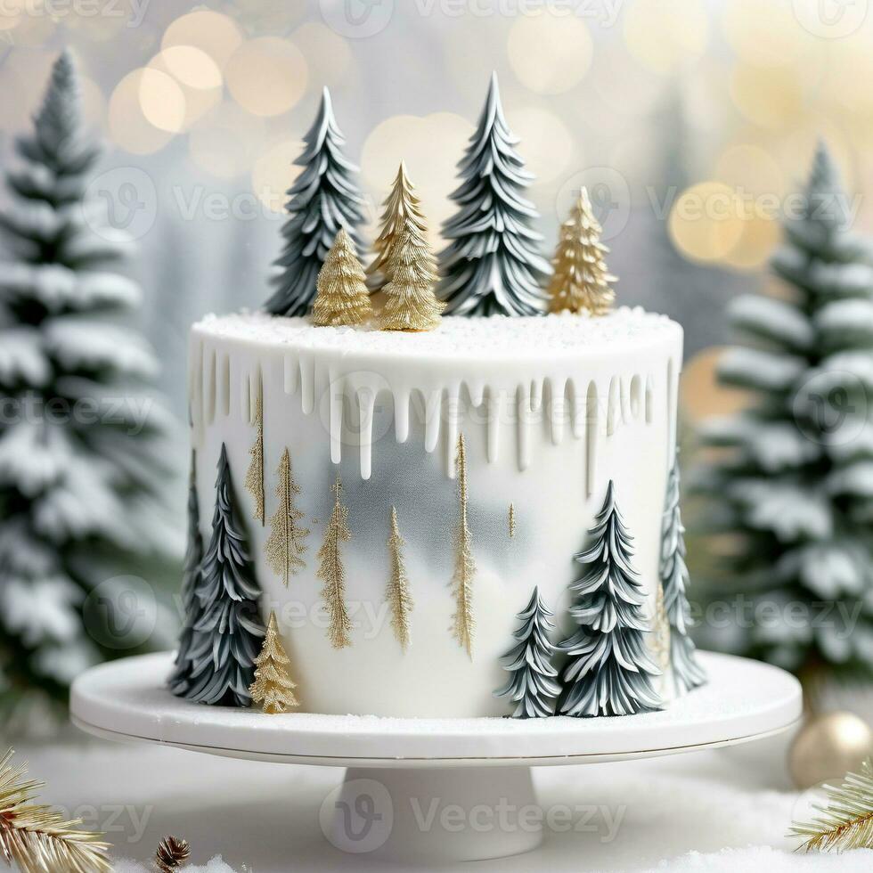 AI generated A white fondant covered cake with minimalist snow covered pine trees as a cake topper. ai generative photo