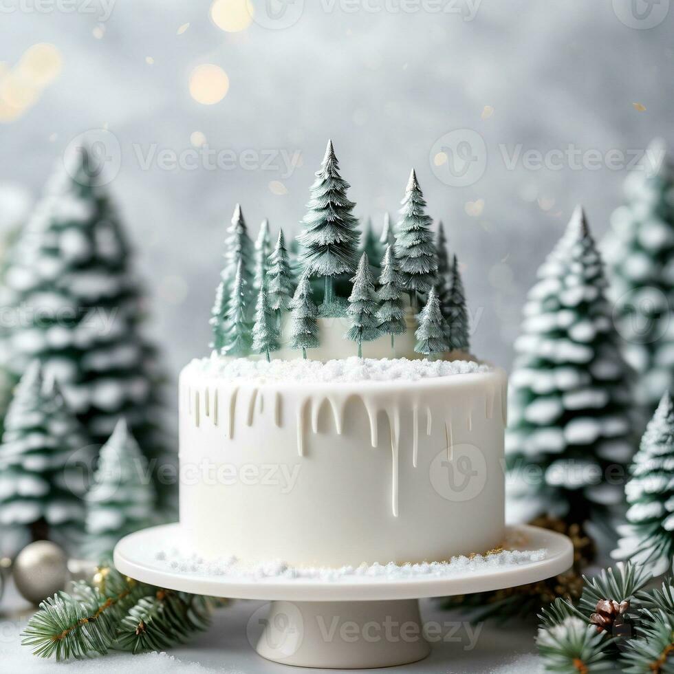 ai generado un blanco fondant cubierto pastel con minimalista nieve cubierto pino arboles como un pastel sombrero de copa. ai generativo foto