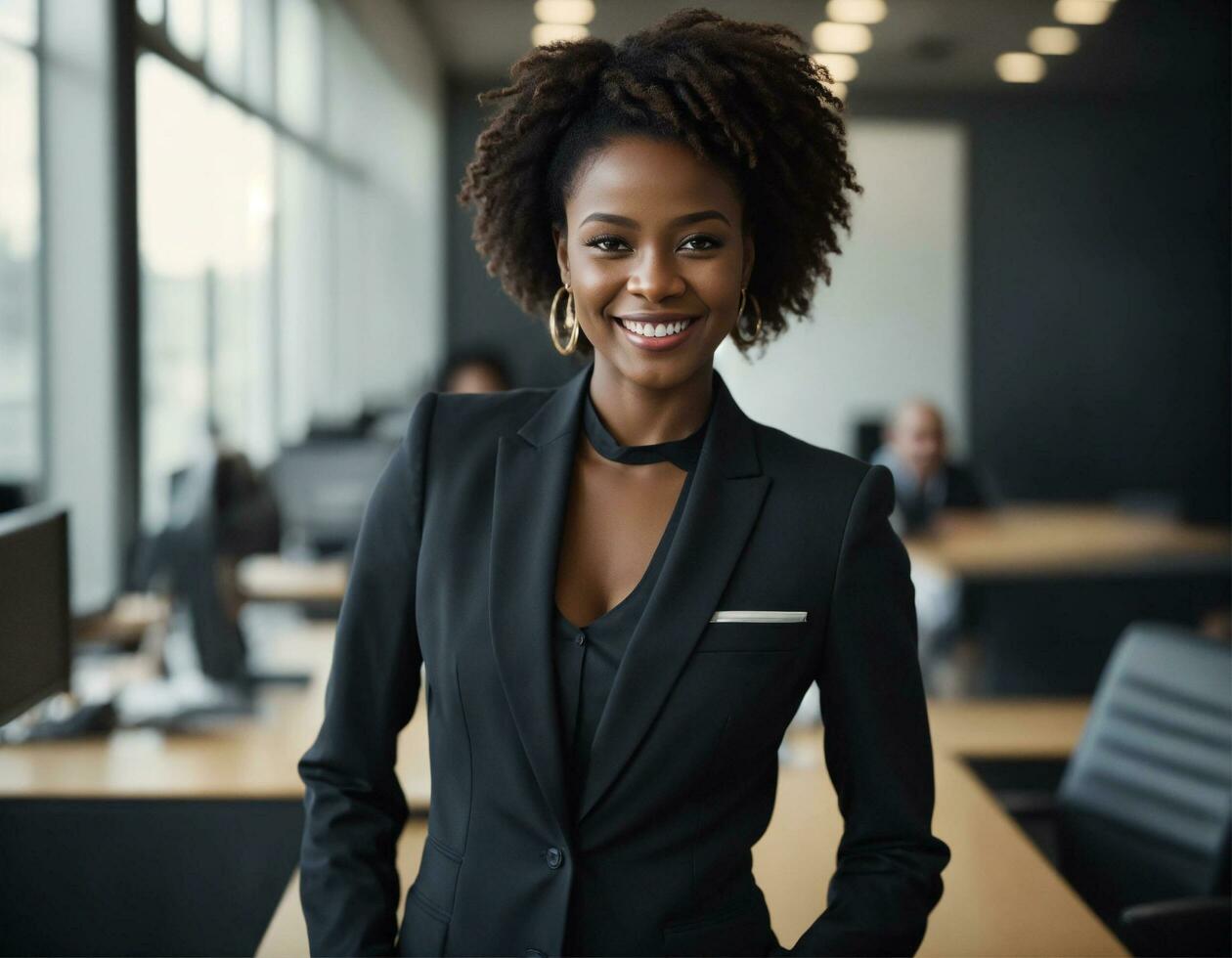 ai generado foto simpático sonriente mujer mirando satisfecho a frente por ai generador