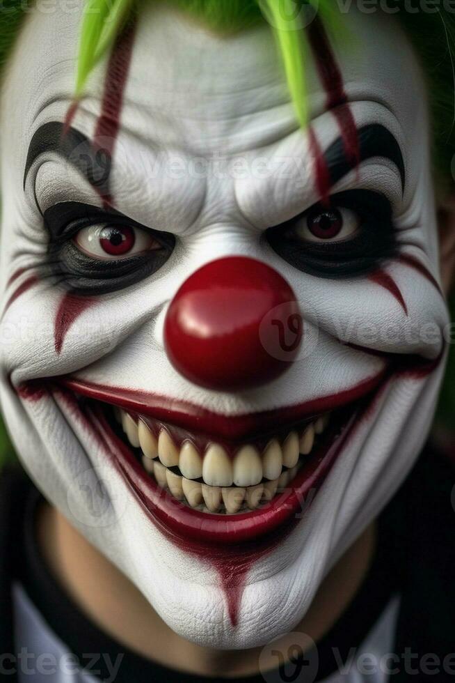 AI generated a close-up of a person wearing a clown mask horror smile wicked grin horrifying grin horror. ai generative photo