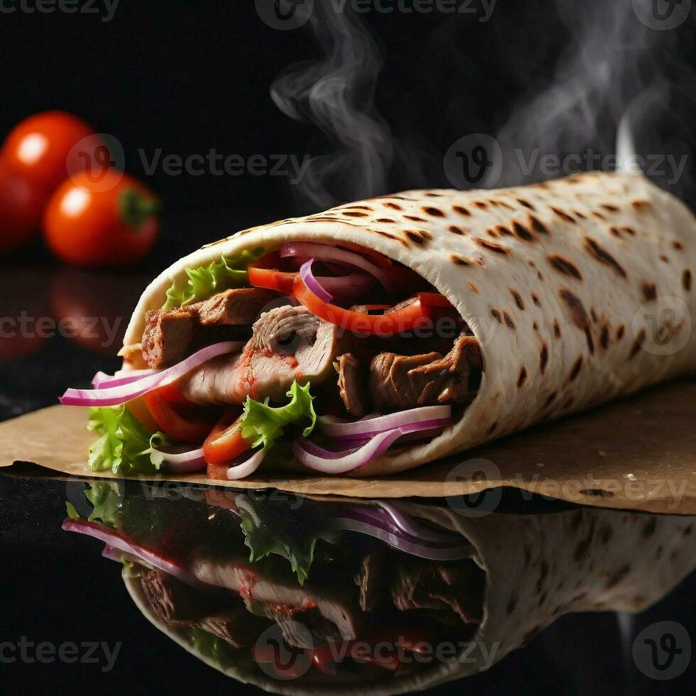 AI generated doner kebab dramatic studio lighting, on dark background. ai generative photo