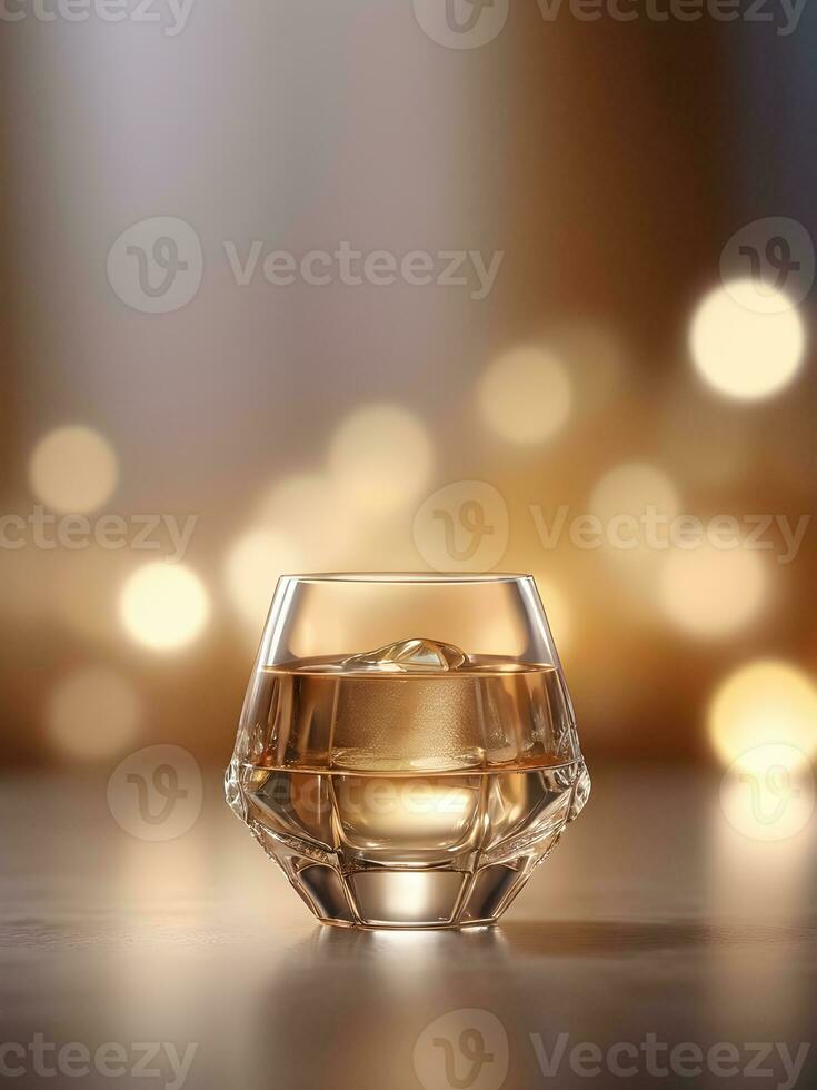 AI generated a glass filled with liquid next to a golden egg, whiskey glass with ice cubes. ai generative photo