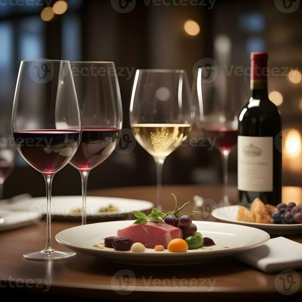 AI generated rare and vintage wines with gourmet dishes. Emphasize the synergy between each course and the carefully selected wine. ai generative photo