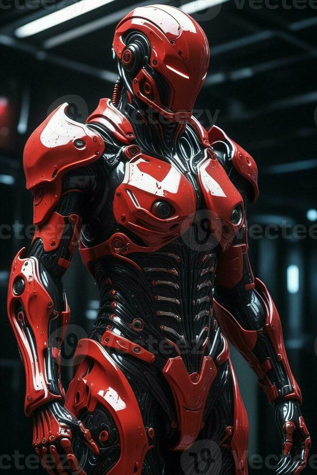 AI generated an intricate red and black biomechanical suit splashing and dripping a crisp and smooth beautiful. ai generative photo