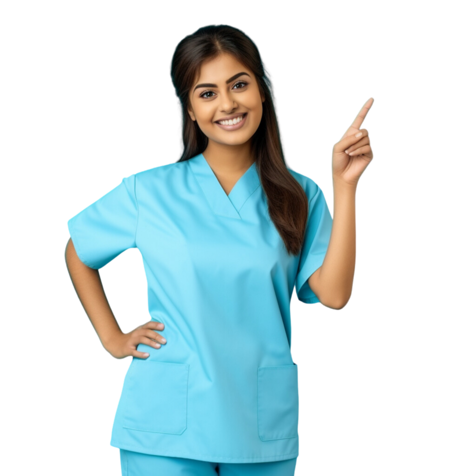 AI generated Young nurse indian woman isolated smiling and pointing on transparent background. png