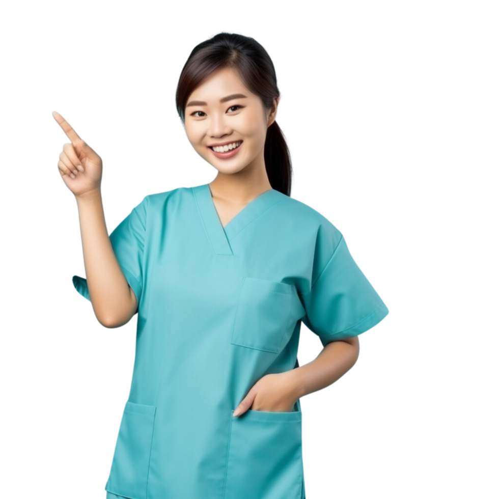 AI generated Young nurse asia woman isolated smiling and pointing on transparent background. png