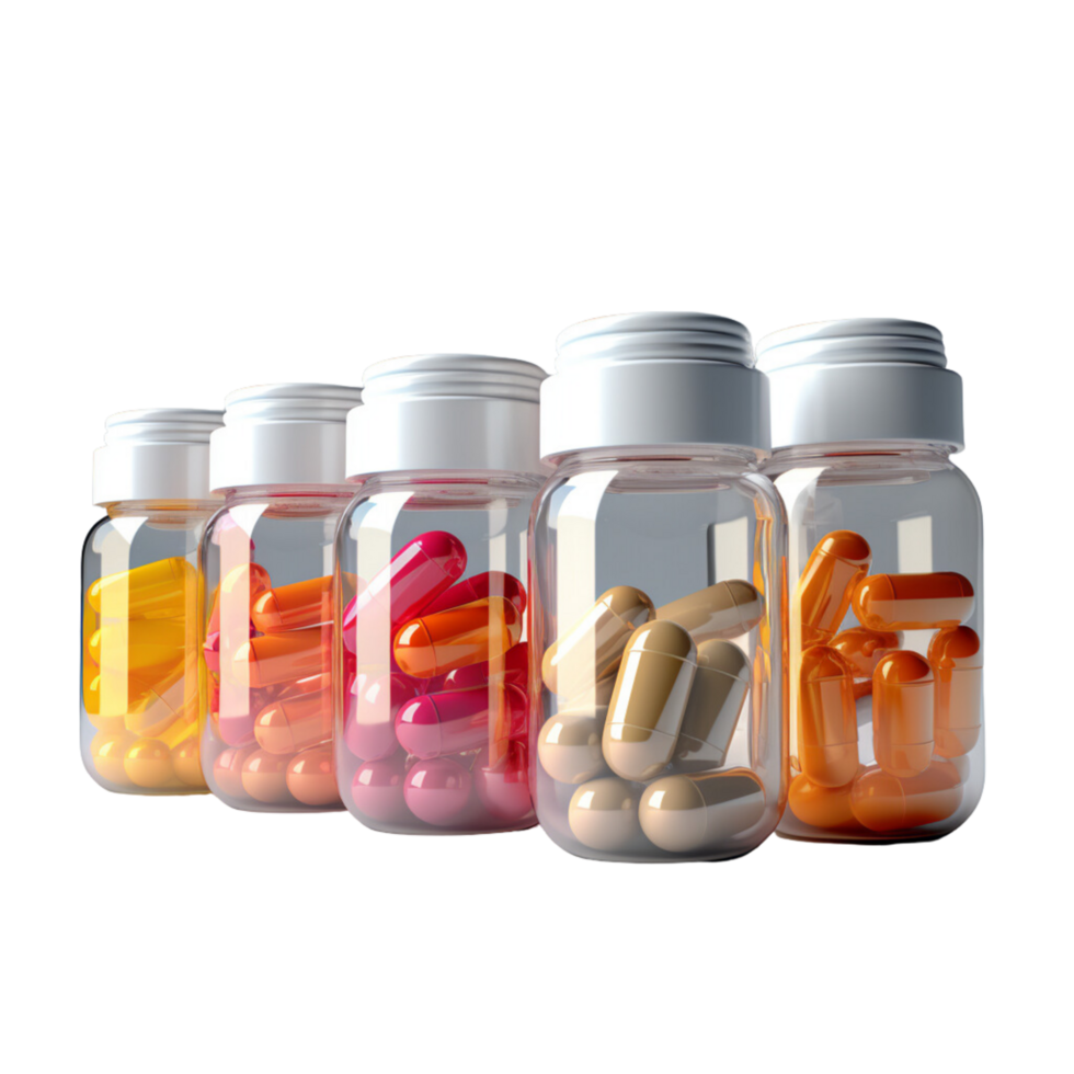 AI generated Plastic Supplement Multivitamin Bottles on transparent background. png