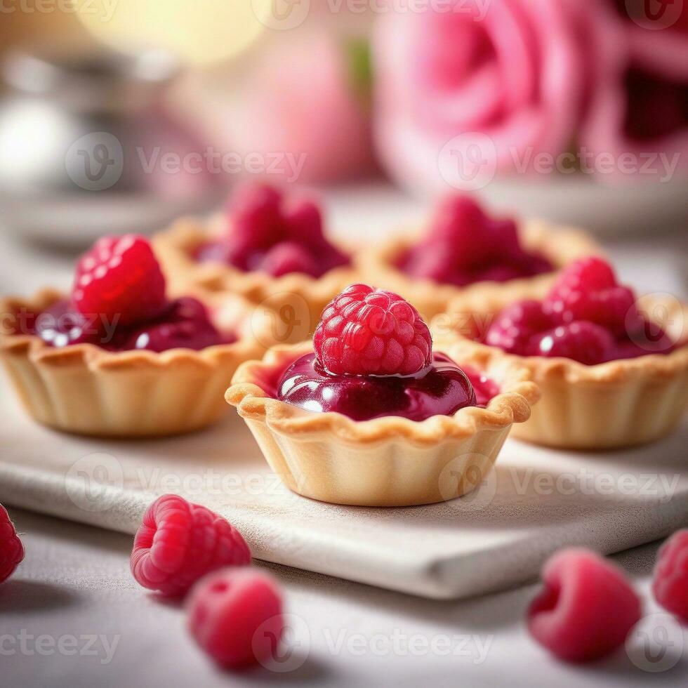 AI generated mini tartlets with a buttery crust filled with a raspberry compote infused with a hint of rosewater. ai generative photo