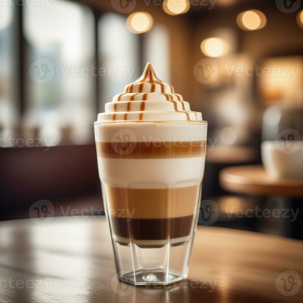 AI generated A layered macchiato featuring espresso, frothy steamed milk, caramel syrup, and a touch of hazelnut. ai generative photo