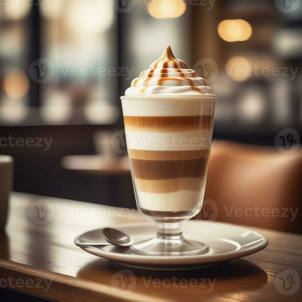 AI generated A layered macchiato featuring espresso, frothy steamed milk, caramel syrup, and a touch of hazelnut. ai generative photo