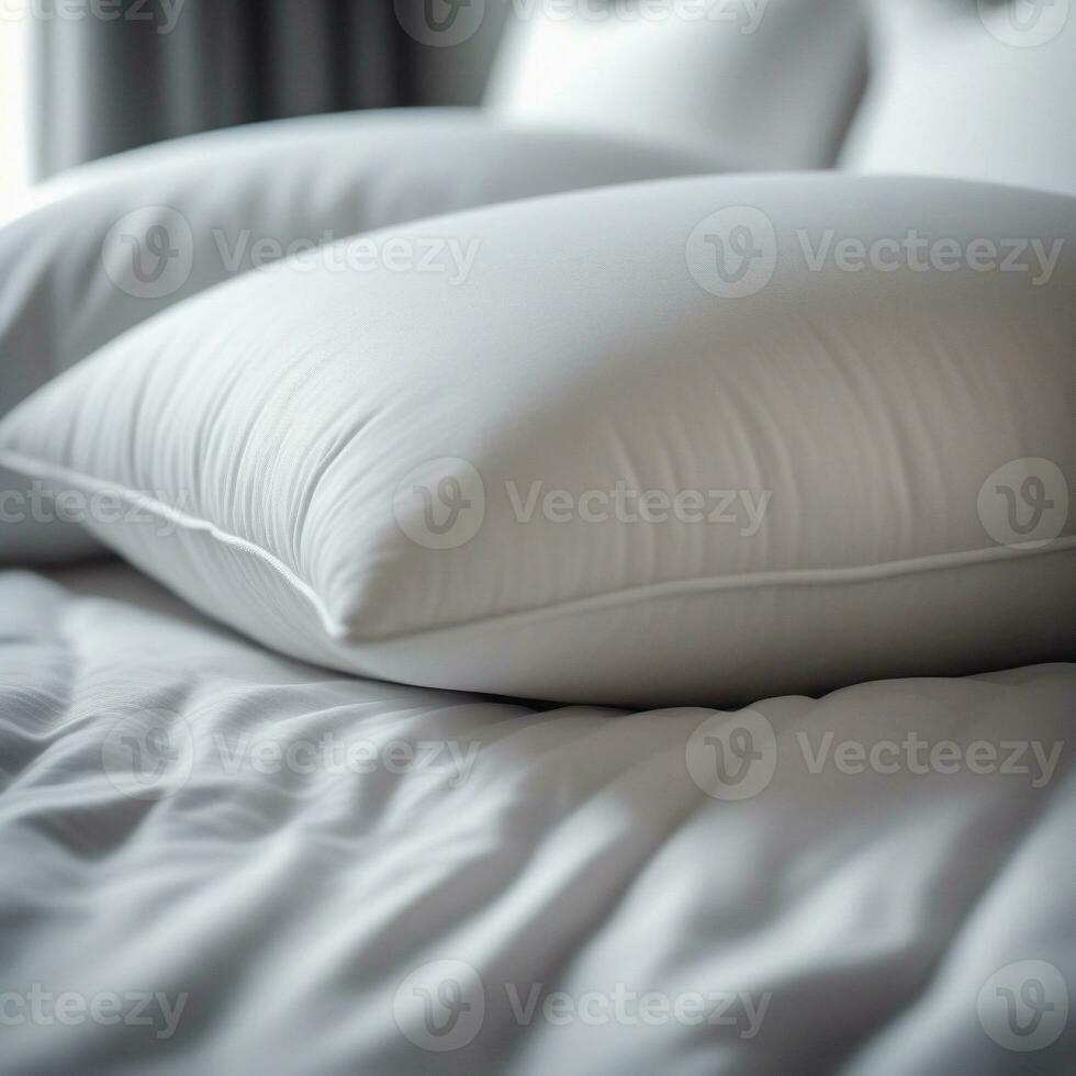 AI generated a close up of Soft pillows on the bed, hyper detail, foreground sharp with bokeh background. ai generative photo