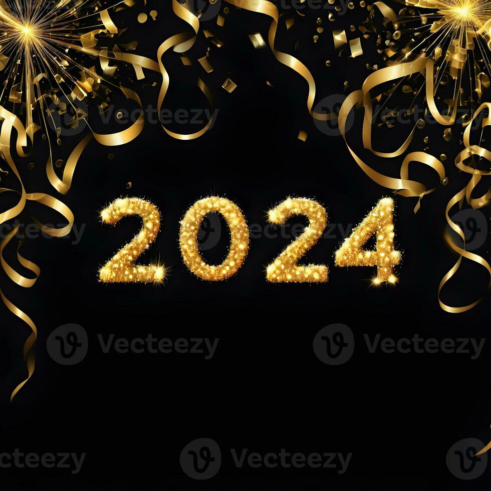 AI generated golden sparkling year 2024, New year, background design about New Year, New Year's Eve on a black background. ai generative photo