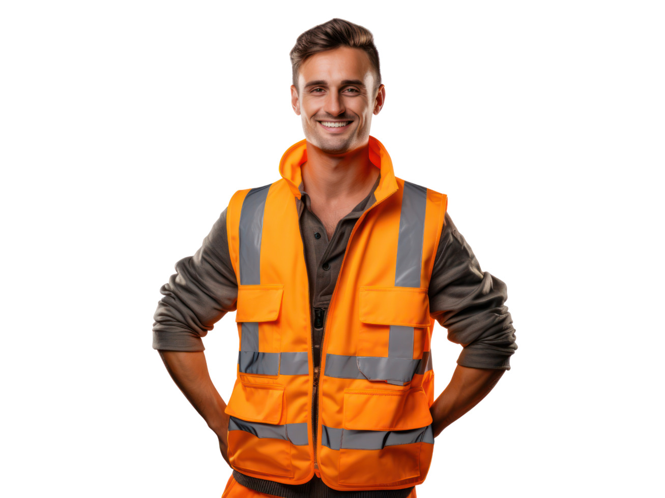AI generated Young engineer man in helmet and orange vest, smiling, isolated on transparent background. png