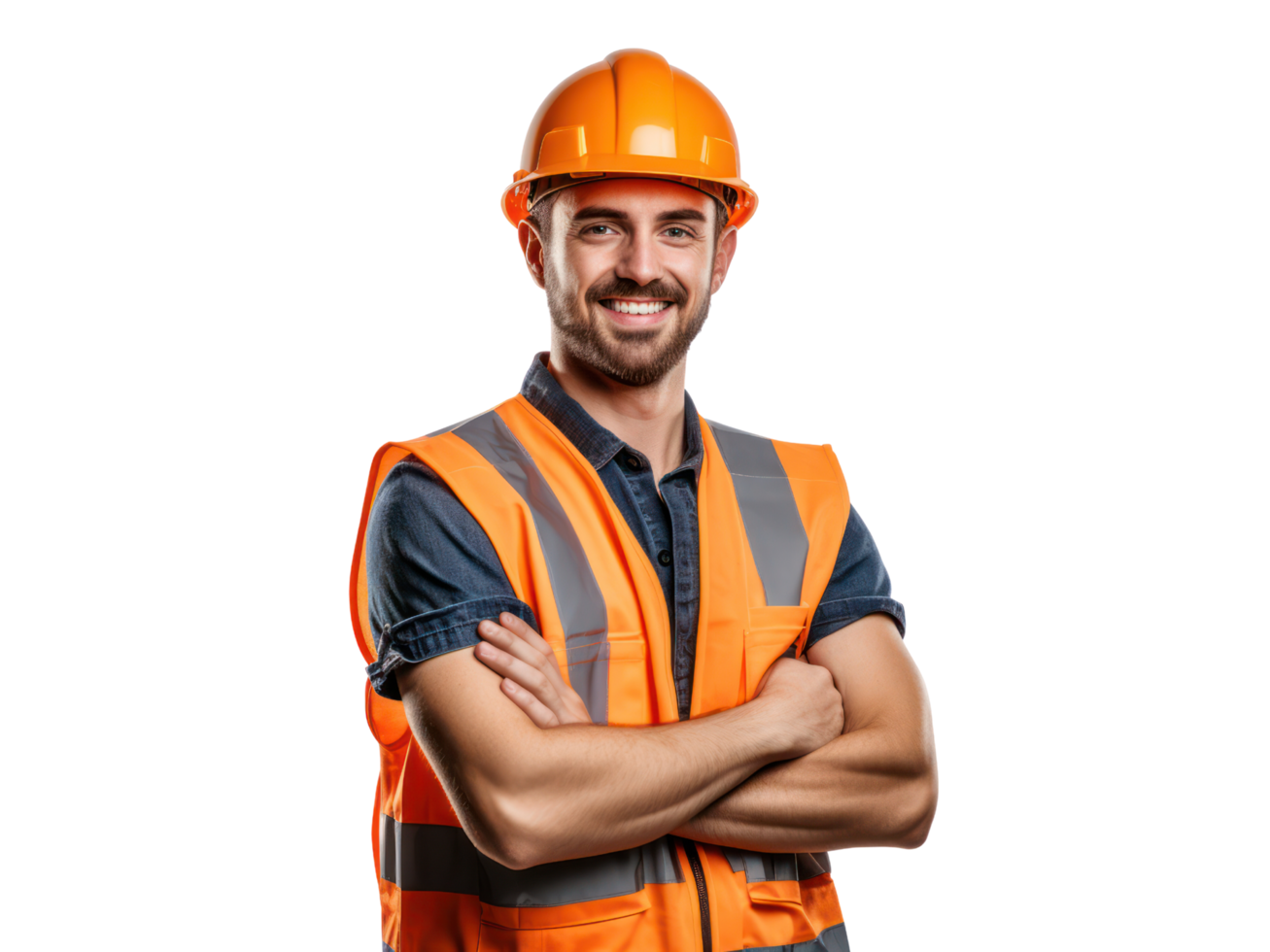 ai generato giovane ingegnere uomo nel casco e arancia veste, sorridente, isolato su trasparente sfondo. png