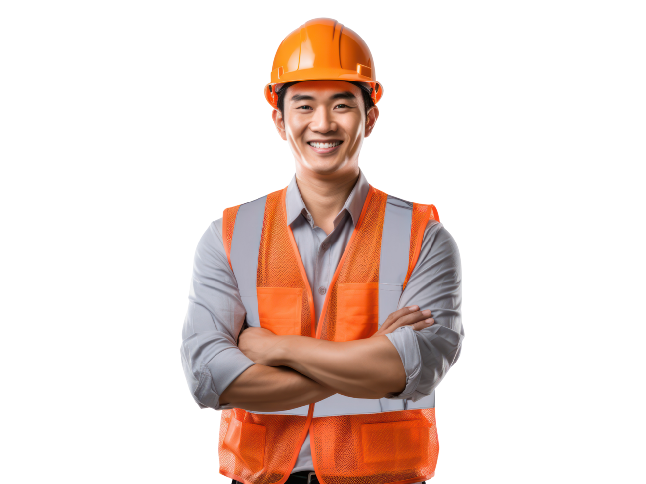 AI generated Asia engineer in helmet and orange vest, smiling, isolated on transparent background. png