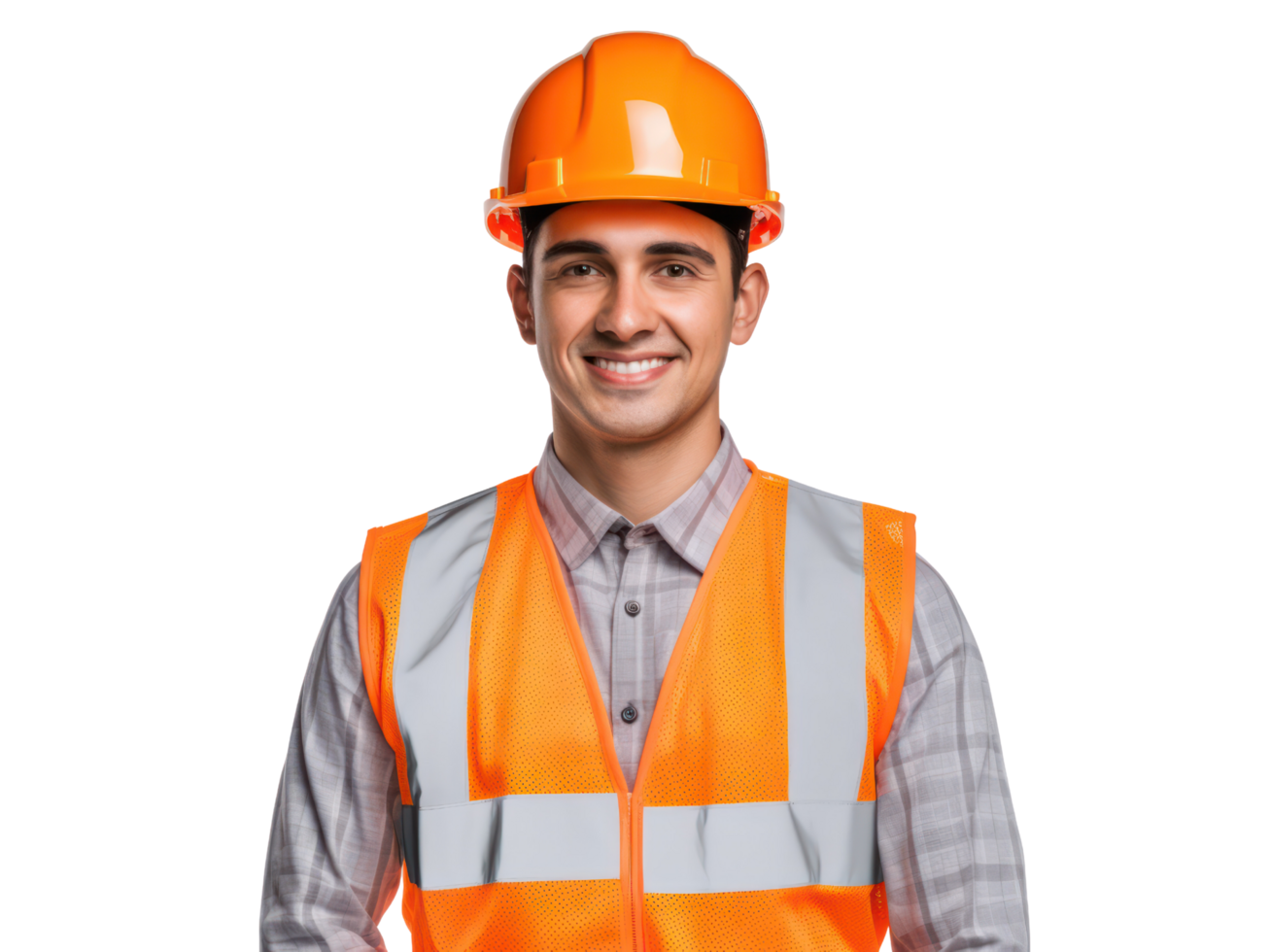 AI generated Young engineer man in helmet and orange vest, smiling, isolated on transparent background. png