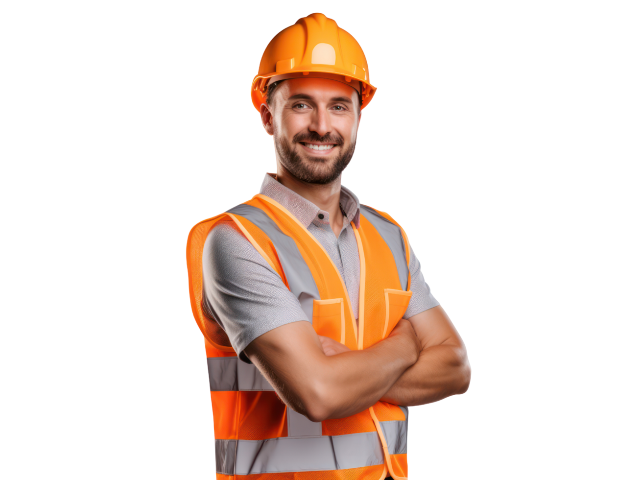 AI generated Young engineer man in helmet and orange vest, smiling, isolated on transparent background. png