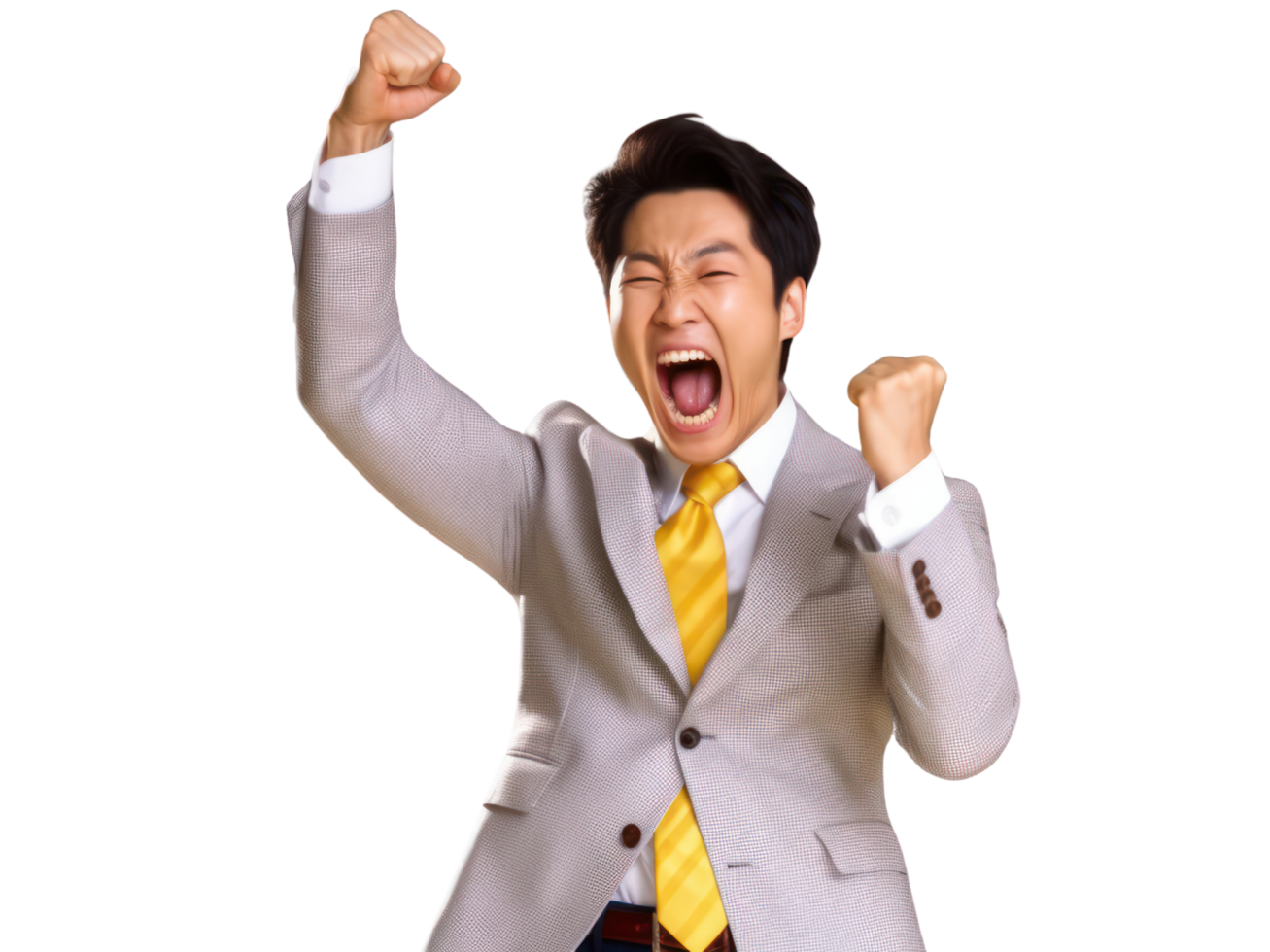 AI generated Happy asia busineesman excited winning solated on transparent background. png