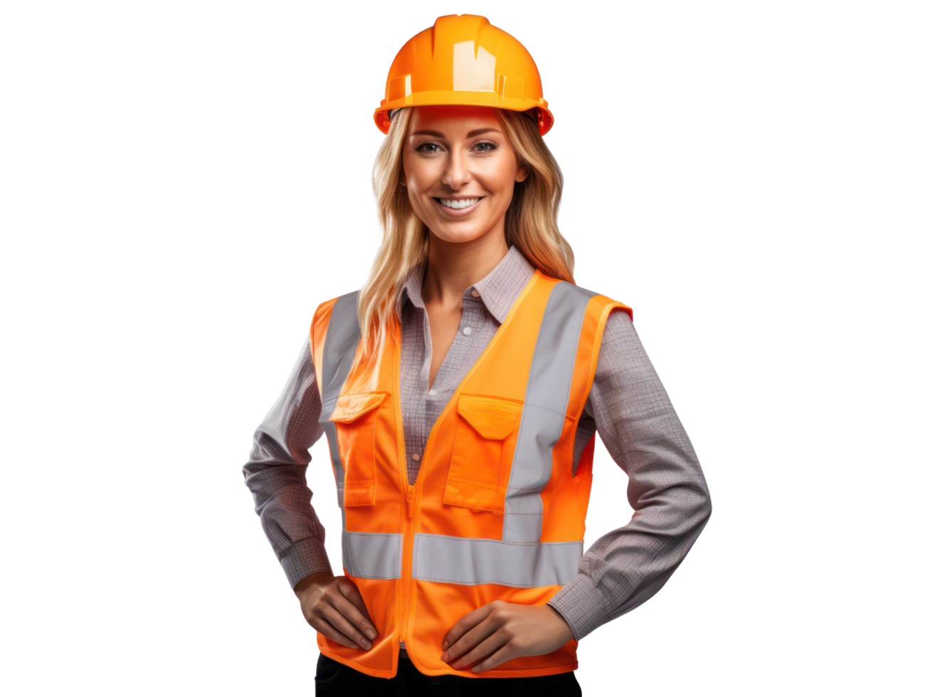 ai generado un mujer ingeniero en casco y naranja chaleco, sonriente, aislado en transparente antecedentes. png