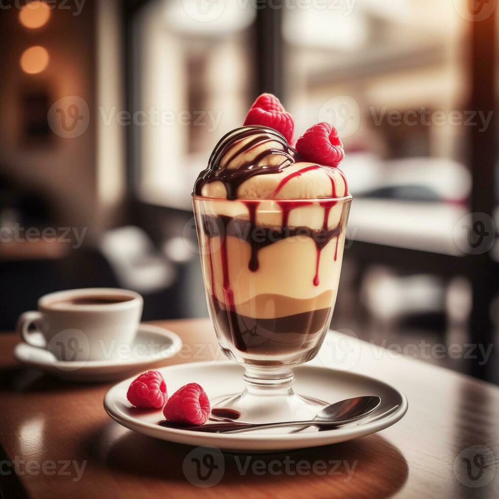 AI generated A luxurious affogato with a scoop of dark chocolate gelato, freshly brewed espresso, and a drizzle of raspberry coulis. ai generative photo