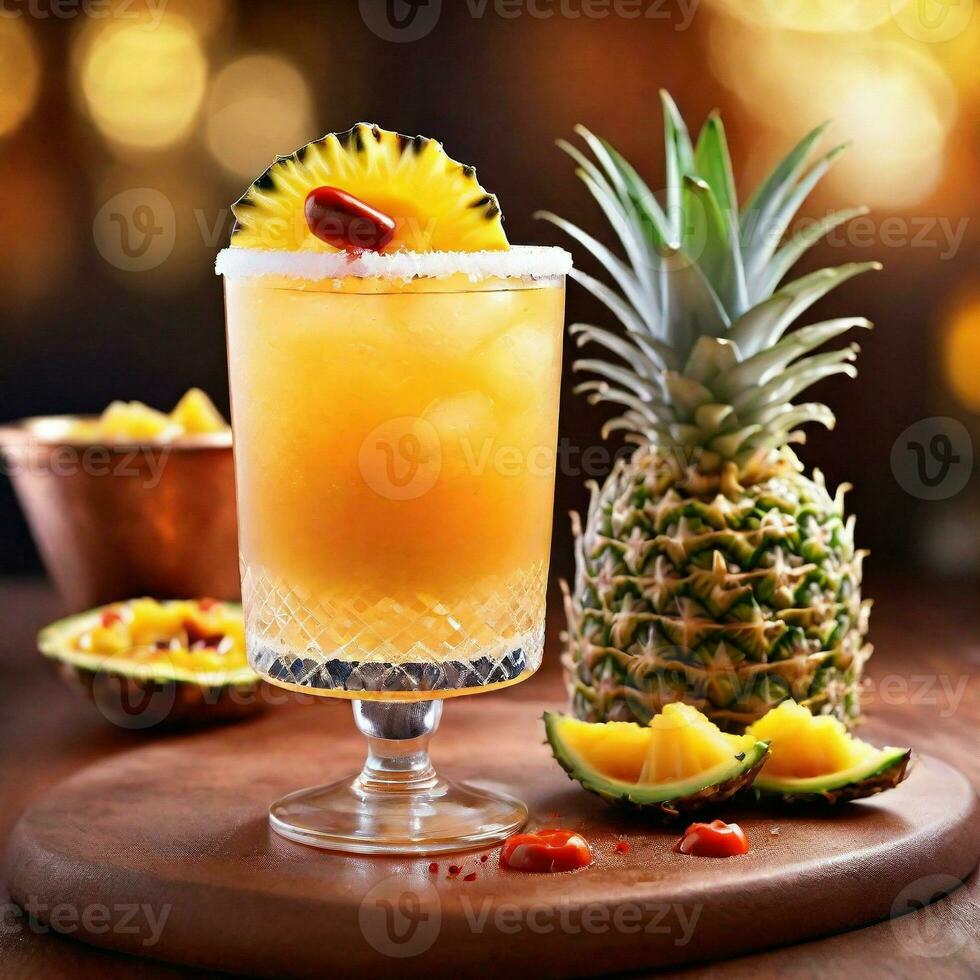 AI generated A vibrant mix of pineapple-infused tequila, passion fruit puree, and a hint of jalapeno for a spicy kick. ai generative photo