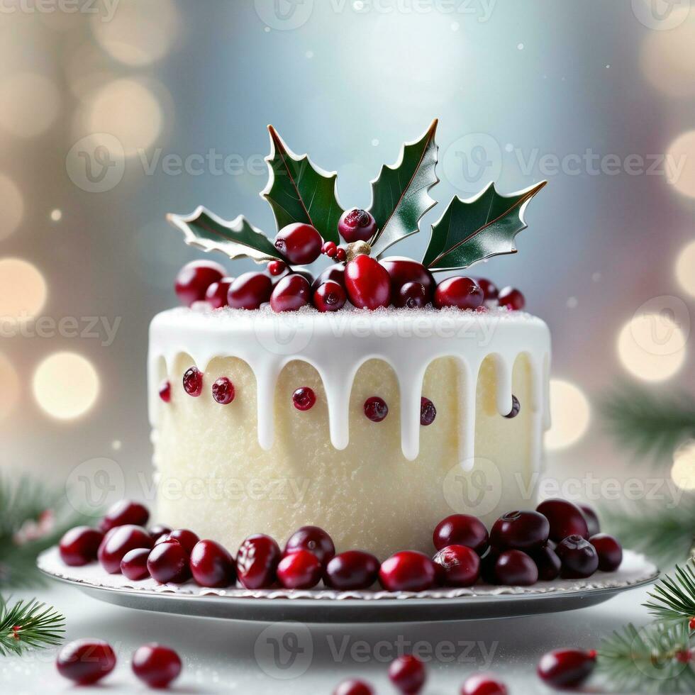 AI generated A simple white cake adorned with cascading sugared cranberries, holly leaves, and a dusting of edible silver or pearl shimmer. ai generative photo