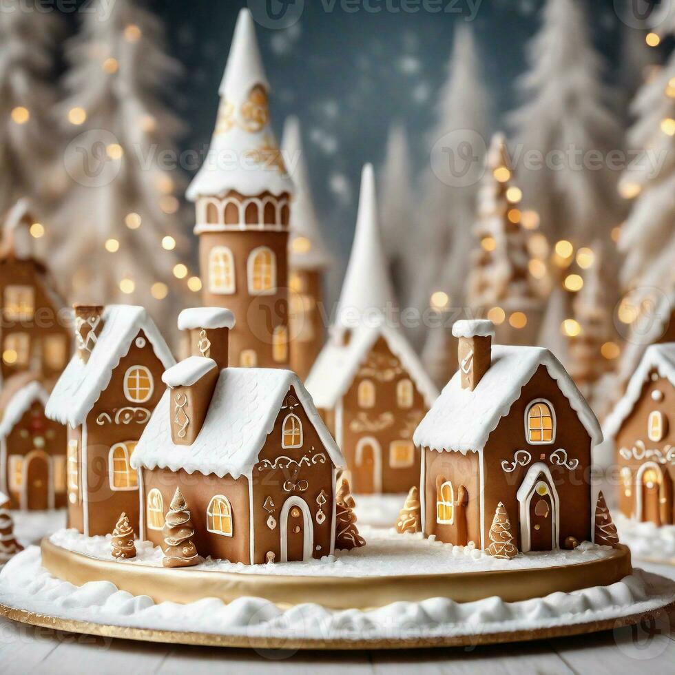 AI generated A cake resembling a snowy gingerbread village, with minimalist gold accents on the houses and trees. ai generative photo
