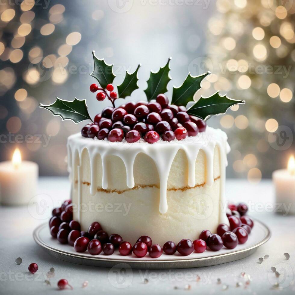 AI generated A simple white cake adorned with cascading sugared cranberries, holly leaves, and a dusting of edible silver or pearl shimmer. ai generative photo