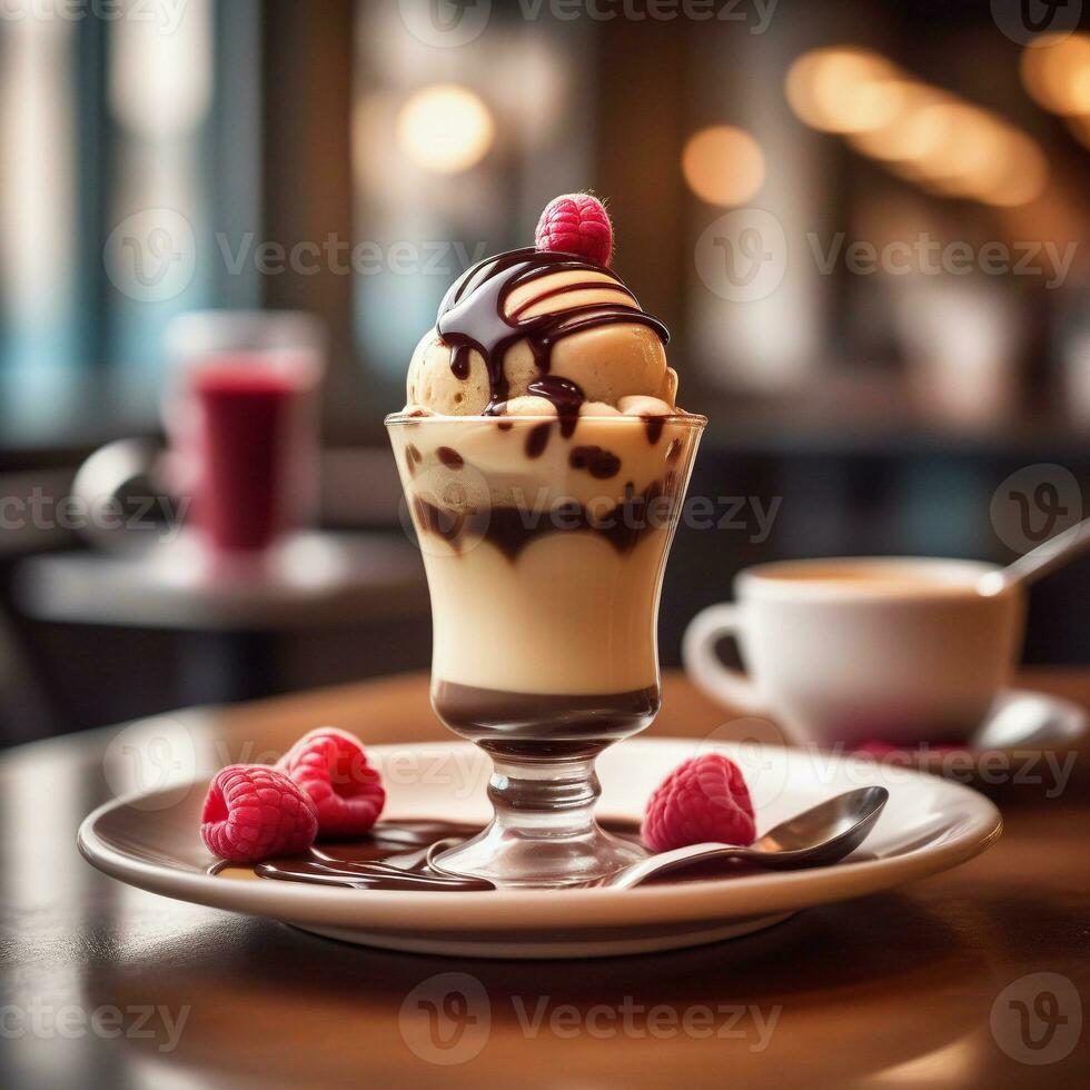 AI generated A luxurious affogato with a scoop of dark chocolate gelato, freshly brewed espresso, and a drizzle of raspberry coulis. ai generative photo
